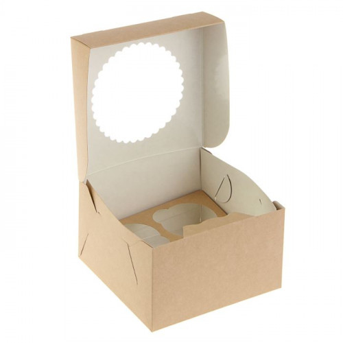 Коробка OSQ MUF на 4 капкейка с окном, 2 стороны белая-крафт 16 x 16 x 10 см